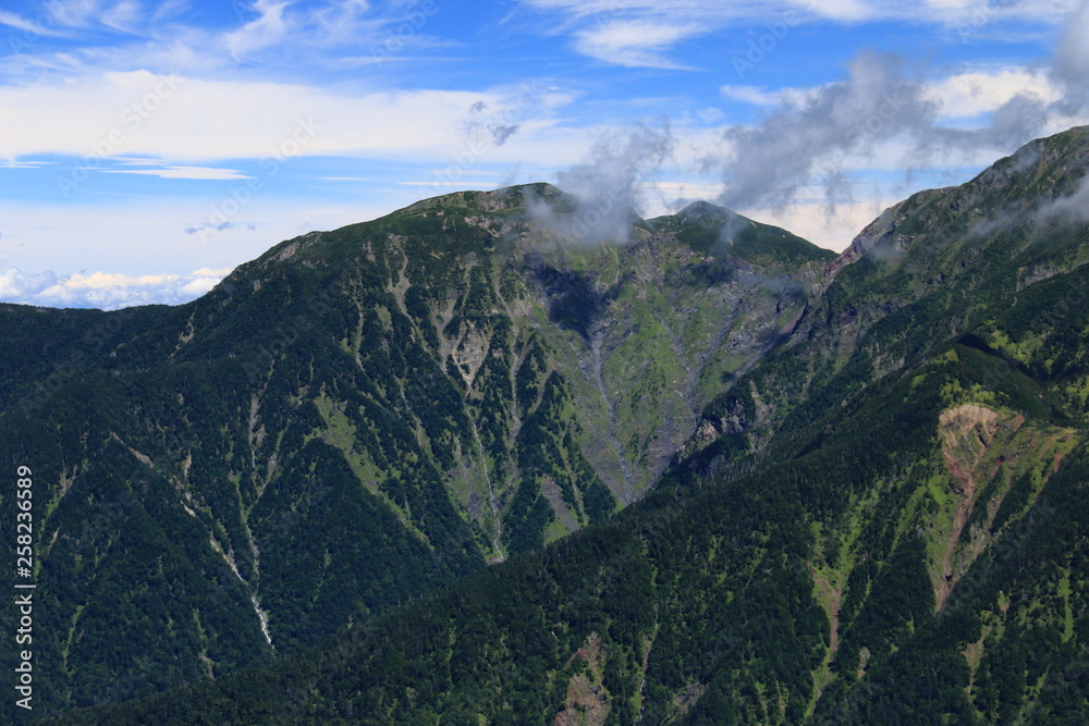Obraz premium 南アルプス光岳（てかりだけ）への道 縦走路から見る南アルプス南部の山々 兎岳