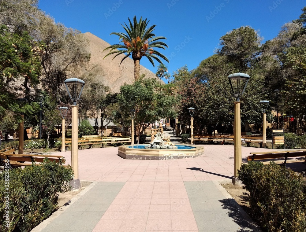 Fototapeta premium square with fountain in pisco elqui chile
