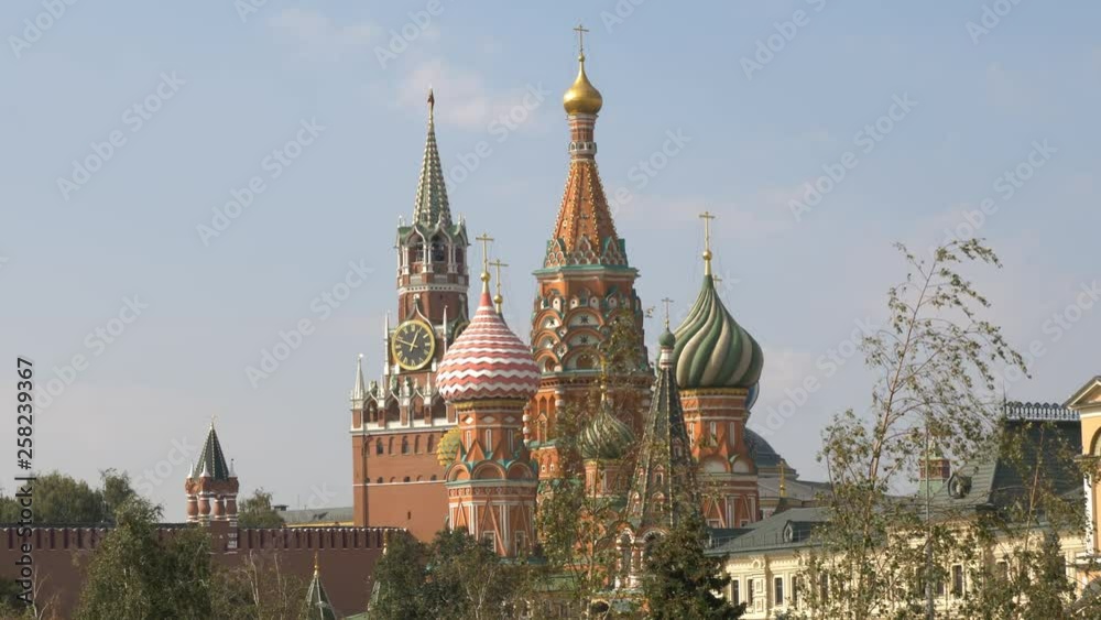 Moscow Red square. St Basils cathedral and Spasskaya tower Moscow Red square. St Basils cathedral and Spasskaya tower