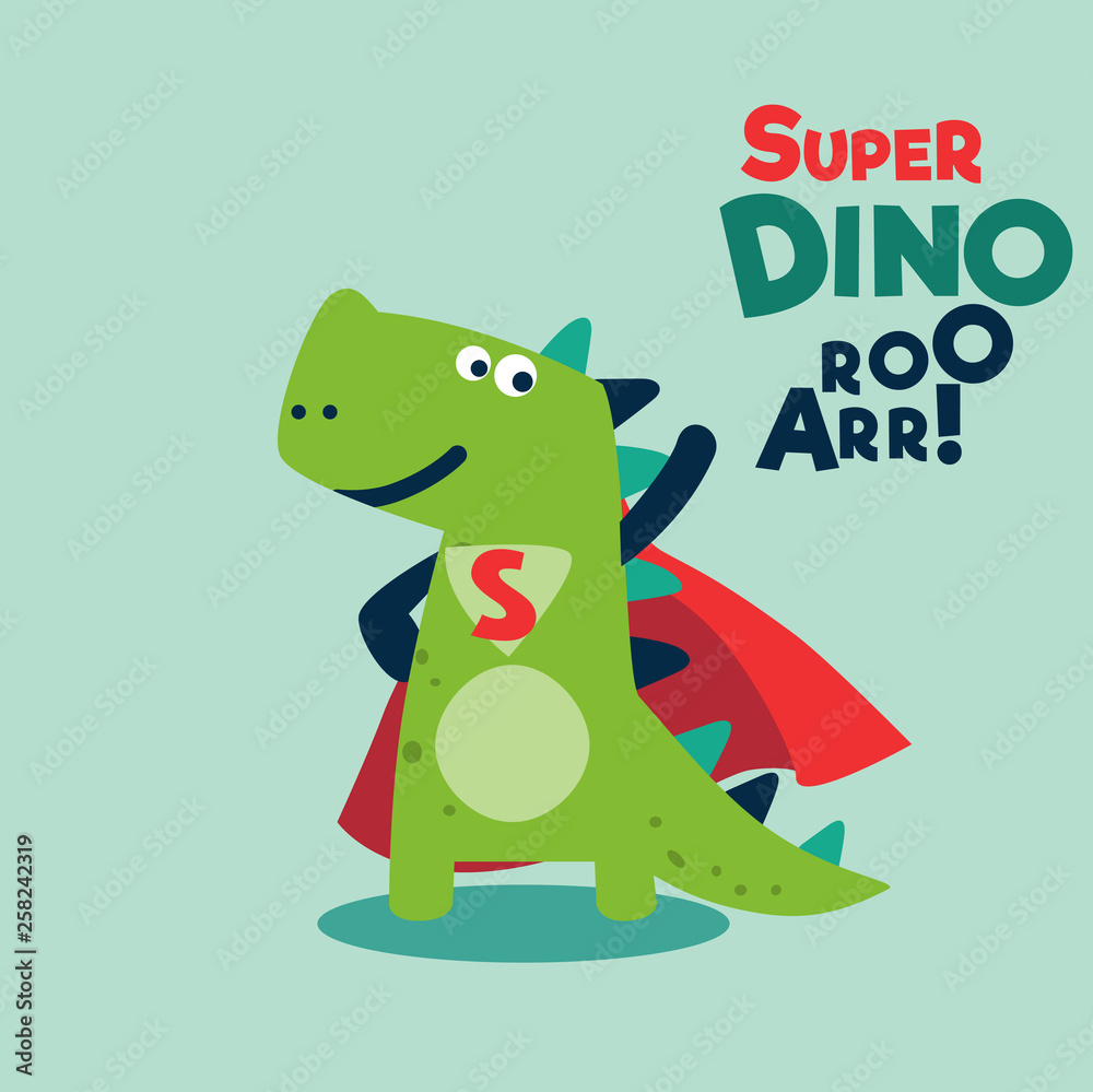 Naklejka premium Funny dinosaur in superhero costume. Super Dino. Cartoon superhero standing with cape waving in the wind