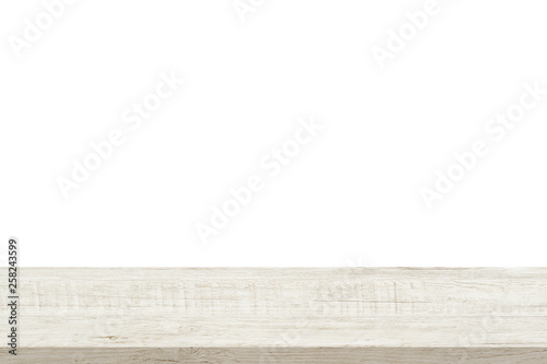 Empty wooden table top isolated on white background - can be used for display or montage products.