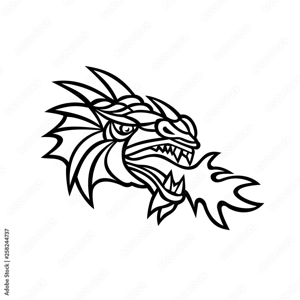 Fototapeta premium Mascot icon illustration of head of a mythical dragon breathing fire viewed from side on isolated background in retro style done in black and white.