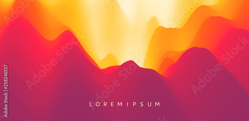 Mountain landscape with a dawn. Sunset. Mountainous terrain. Hills silhouette. Abstract background. Vector illustration.