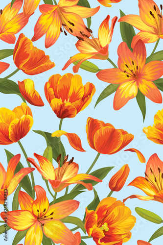 Seamless pattern of orange lily and tulip flowers background. Vector set of blooming floral for holiday invitations  greeting card and fashion design.