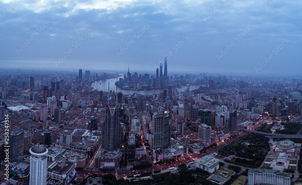 Fototapeta premium aerial view of East Nanjing Road, Shanghai, China. In dawn