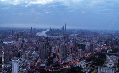 aerial view of East Nanjing Road, Shanghai, China. In dawn