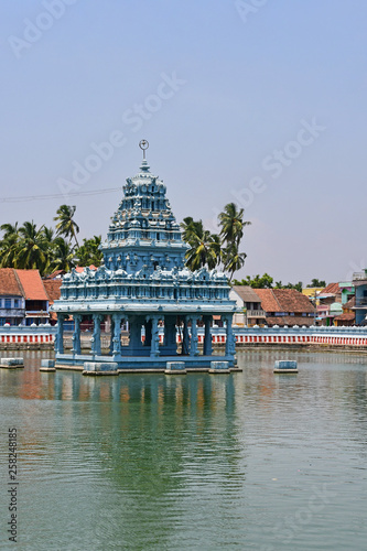 India, pond with gazebo in front of the ancient temple of Suchindram in Tamil Nadu