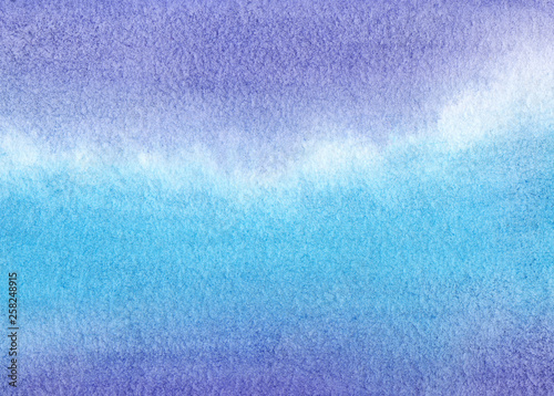Abstract textural background. Texture of paper toned by watercolor gradient from turquoise blue to purple, color.