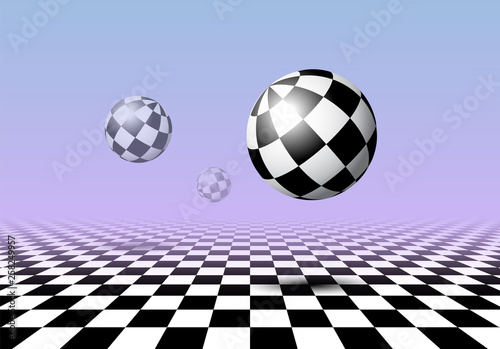Black and white balls flying over checkered floor with pink and blue gradient background in vaporwave aesthetic