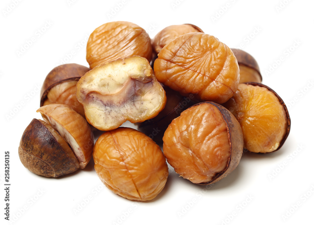 chinese food, peeled roasted chestnut on white background chinese food, peeled roasted chestnut on white background
