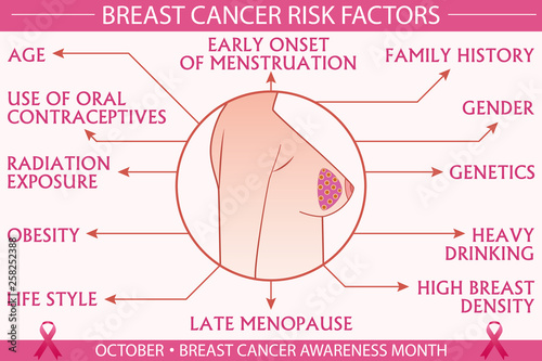 Breast cancer risk factors infographic illustration with pink ribbons. Healthcare and October breast cancer awareness month concept design for presentation, banner, brochure, etc. EPS-10 vector.