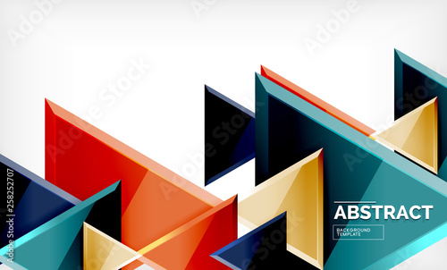 Triangles repetiton geometric abstract background, multicolored glossy triangular shapes, hi-tech poster cover design or web presentation template with copy space