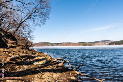 Changchun Jingyuetan National Forest Park with melting snow and ice