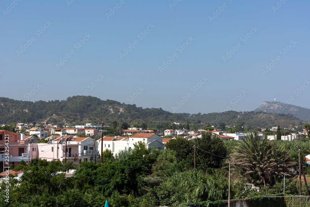 view of the settlement on the island of Rhodes, Greece, trees, buildings