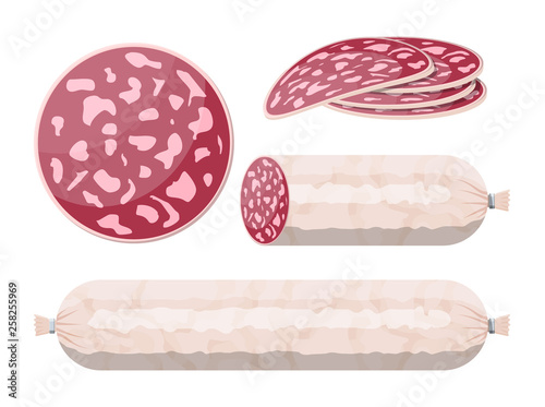 Slices of salami sausage isolated on white. Meat delicatessen gastronomic product. Vector illustration in flat style