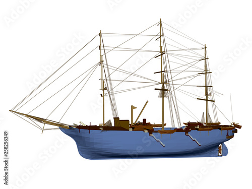 Polygonal sailing ship isolated on white background. 3D. Side view. Vector illustration