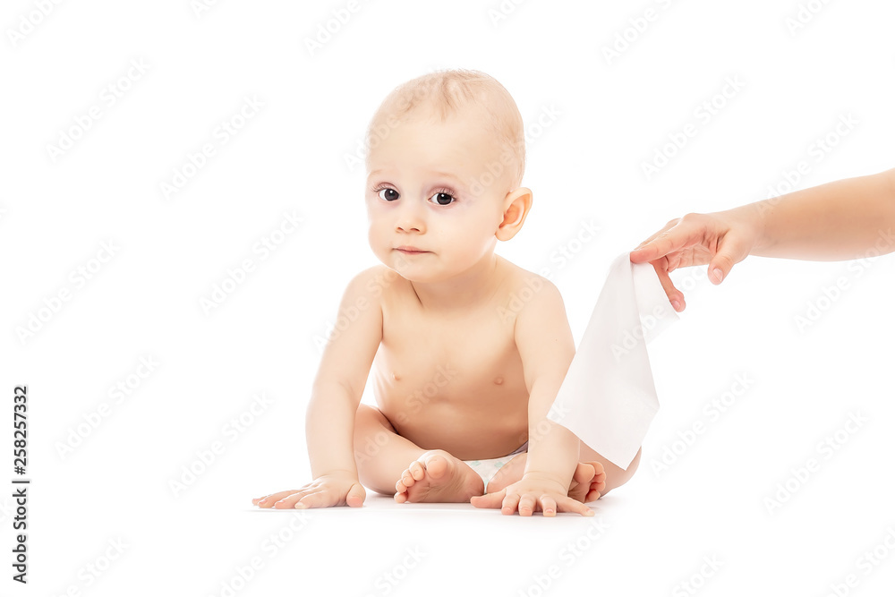 Mother cleaning up and wipes body and leg baby by wet tissue. Cleaning wipe, pure, clean. concept cleaning wipe, pure, clean.
