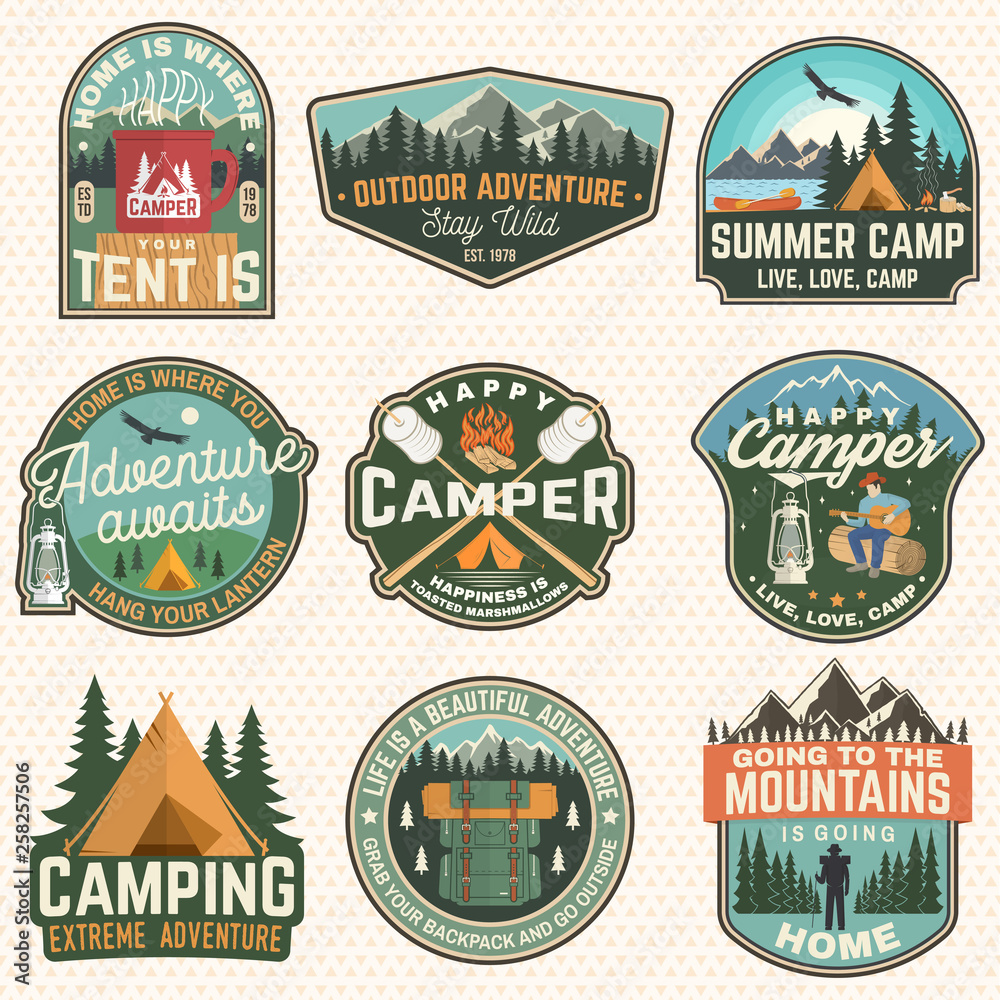 Set of Summer camp badges. Vector. Concept for shirt or logo, print, stamp, patch. Vintage typography design with rv trailer, camping tent, campfire, bear, man with guitar and forest silhouette