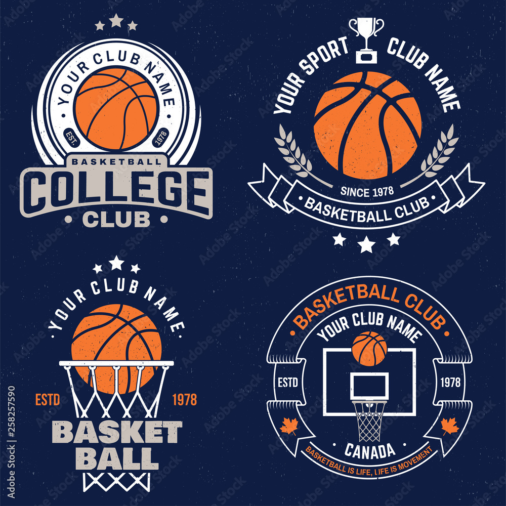 Set of basketball club badge. Vector. Graphic design for t-shirt, tee, print or apparel. Vintage typography design with basketball hoop and ball silhouette.