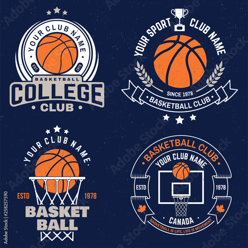 Set of basketball club badge. Vector. Graphic design for t-shirt, tee, print or apparel. Vintage typography design with basketball hoop and ball silhouette.