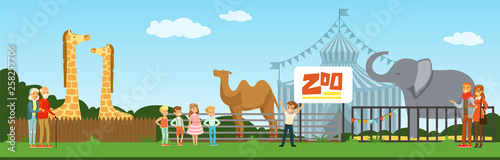 People visiting zoo, kids watching animals at excursion vector Illustration in flat style