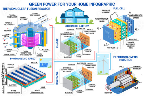 Green power generation infographic Wind turbine, solar panel, battery, fusion reactor, fuel cell Vector.