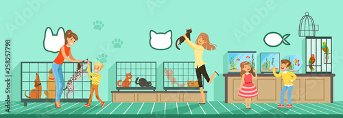 People buying pets from pet store Illustration in flat style