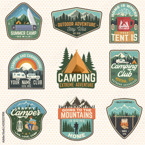 Set of Summer camp badges. Vector. Concept for shirt or logo, print, stamp, patch. Vintage typography design with rv trailer, camping tent, campfire, bear, man with guitar and forest silhouette
