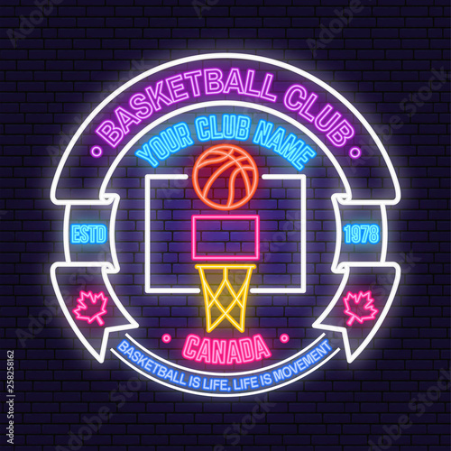Basketball club neon design or emblem. Vector. Concept for shirt, print, stamp or tee. Vintage typography design with ring, basketball hoop and ball silhouette. Night neon signboard