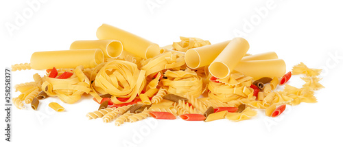 Delicious mixed pasta on white background