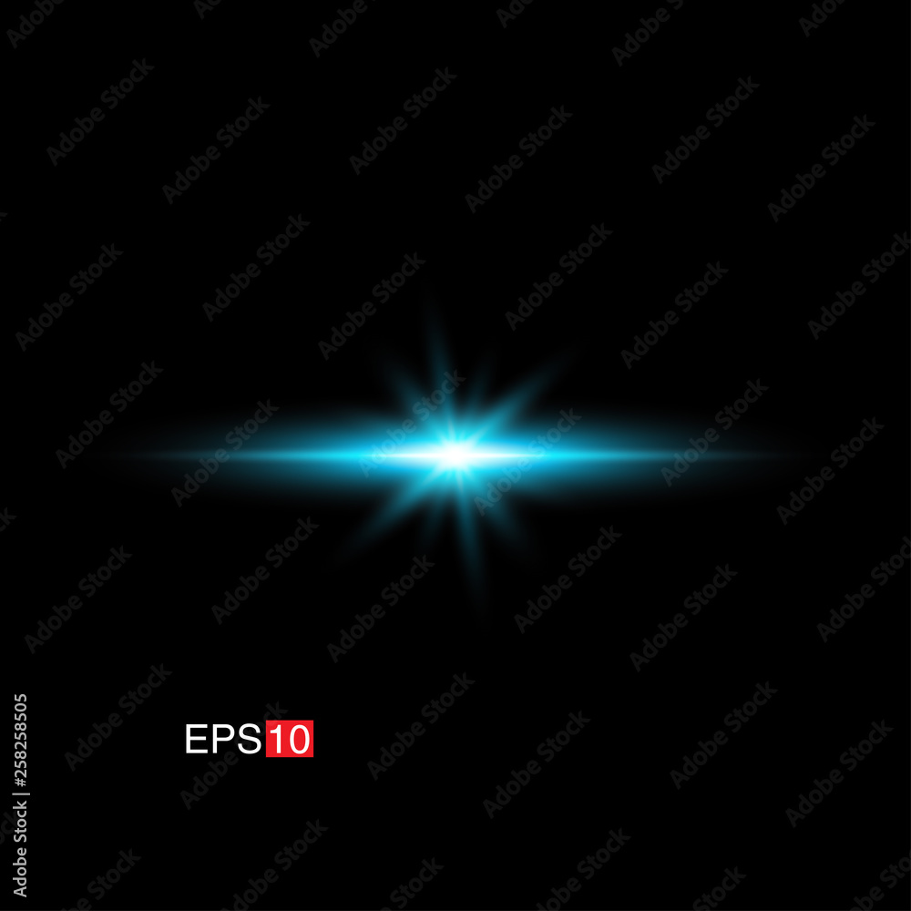 Obraz premium isolated cyan Rays with lens flare, Sun flare, flare on the black background. Transparent Vector Illustration