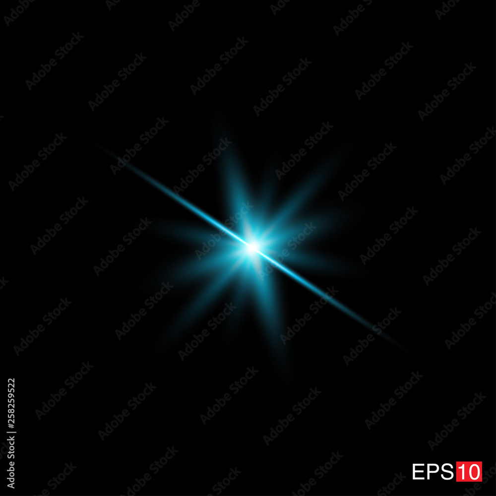 isolated cyan Rays with lens flare, Sun flare, flare on the black background. Transparent Vector Illustration