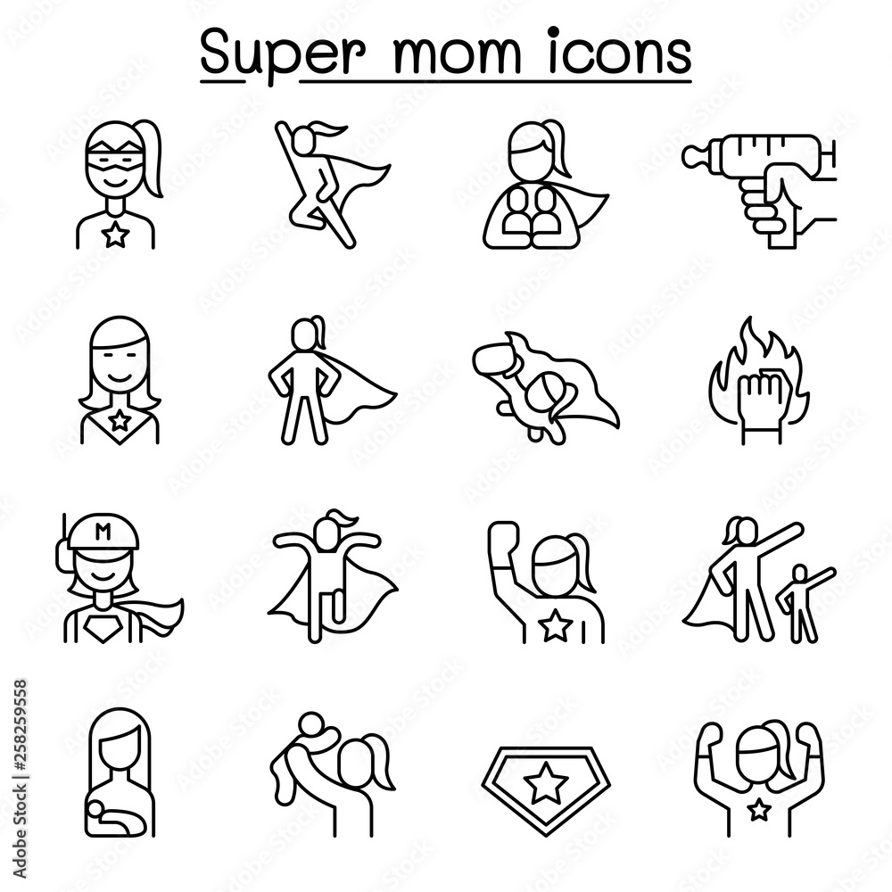 Super mom, super woman, Hero icon set in thin line style Stock Vector