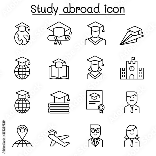Study abroad icon set in thin line style