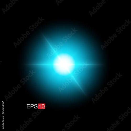 isolated cyan Rays with lens flare, Sun flare, flare on the black background. Transparent Vector Illustration