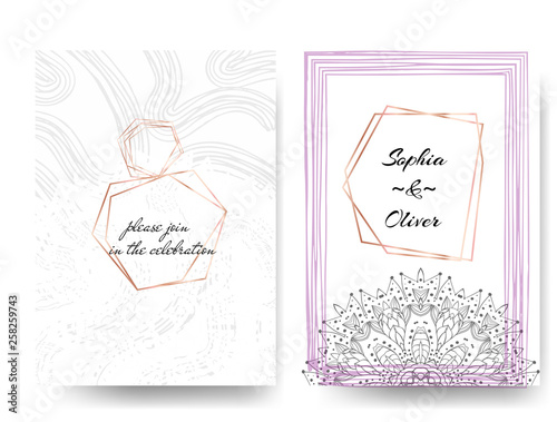 Modern styled invitation on wedding with gold frames and hand drawn mandala on white background photo