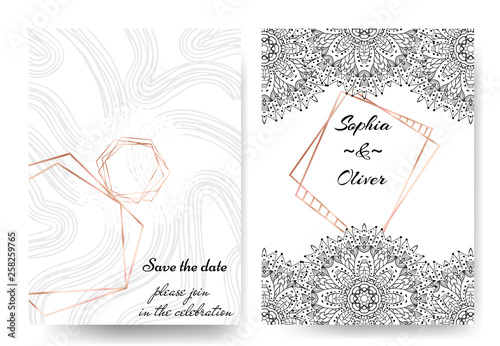 Modern styled invitation on wedding with gold frames and hand drawn mandala on white background