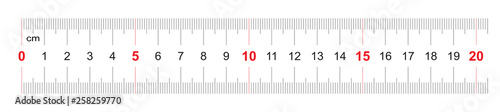 Ruler of 200 millimeters. Ruler of 20 centimeters. Calibration grid. Value division 1 mm. Precise length measurement device. Two-sided measuring instrument.