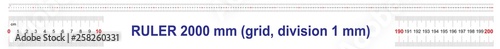 Ruler of 2000 millimeters. Ruler of 200 centimeters. Ruler of 2 meters. Calibration grid. Value division 1 mm. Precise length measurement device. Two-sided measuring instrument.