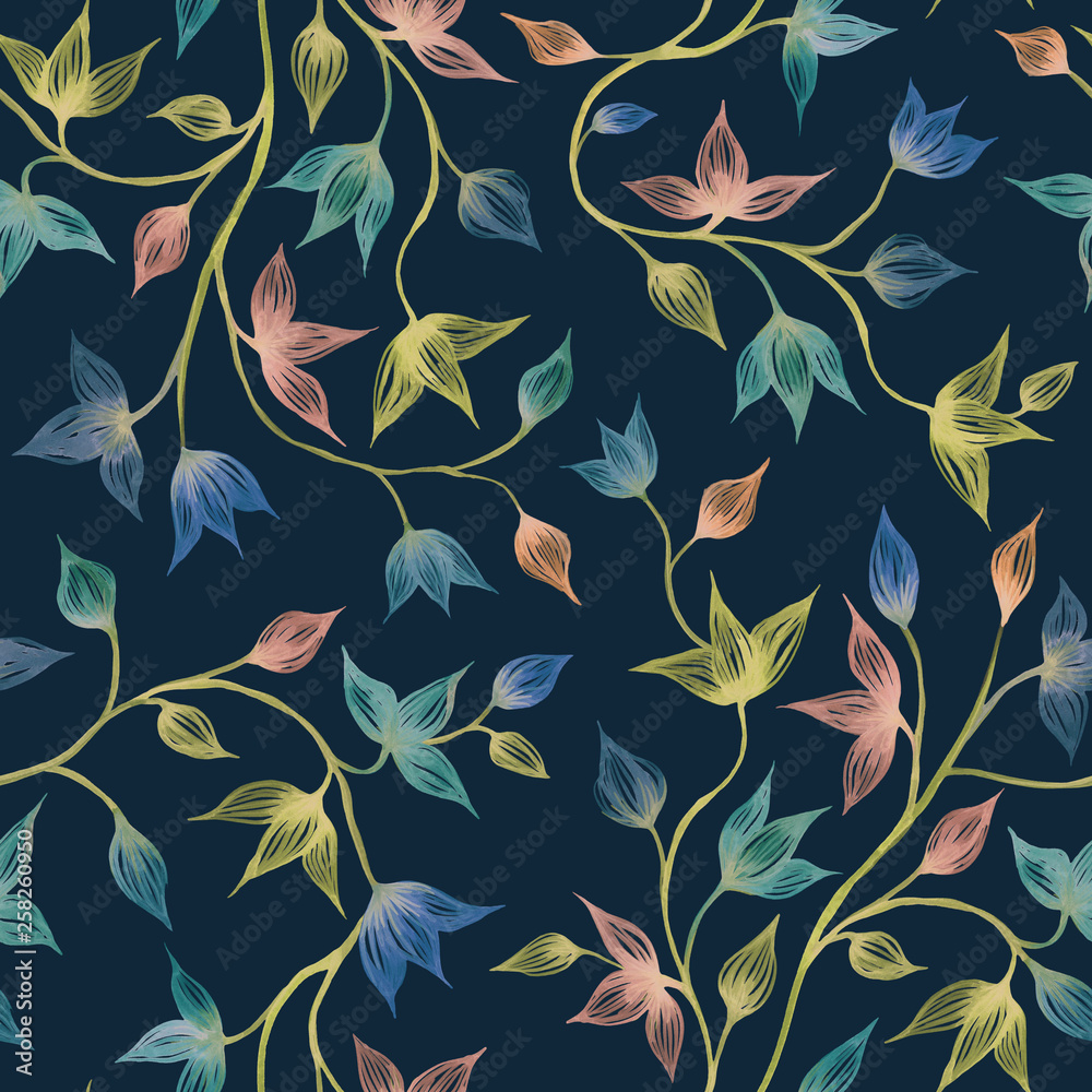 Decorative seamless pattern from twigs and leaves. Design of wallpaper and fabric Decorative seamless pattern from twigs and leaves. Design of wallpaper and fabric