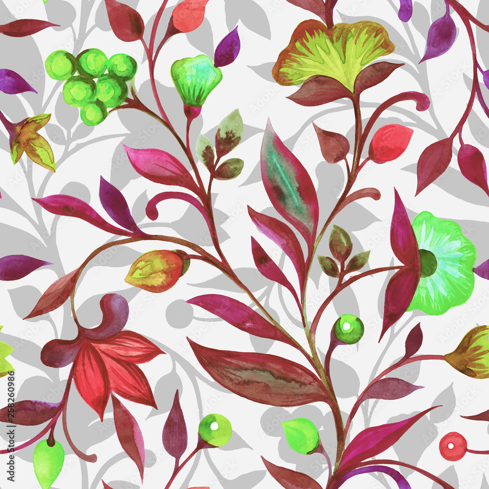 Seamless pattern from branches with flowers and leaves. Handmade, watercolor. Seamless pattern from branches with flowers and leaves. Handmade, watercolor.