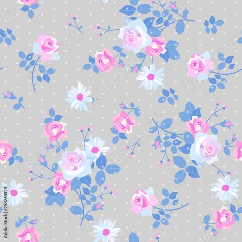 Seamless floral pattern with bunchs of gentle white and pink roses and daisy flowers on grey polka dot background. Print for fabric in country style.