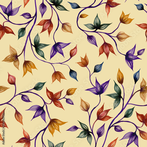 Decorative watercolor seamless pattern from twigs and leaves.