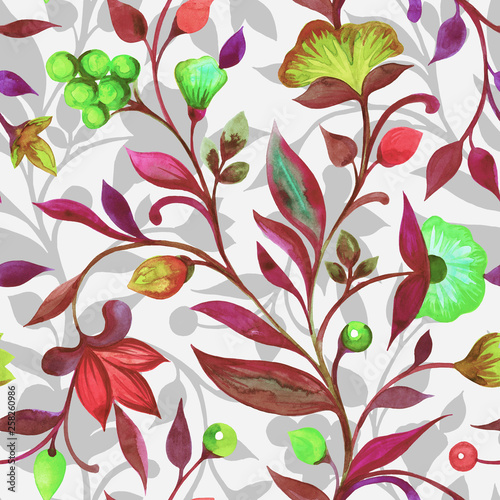 Seamless pattern from branches with flowers and leaves. Handmade  watercolor. 