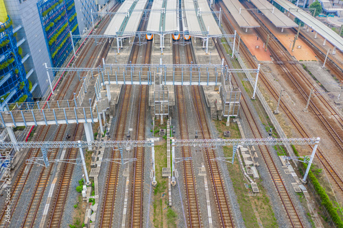 THSR Kaohsiung Station with train passing by, this station is the Taiwan High Speed Rail located in Zuoying, Kaohsiung, Taiwan.