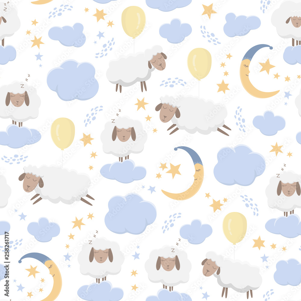 Seamless pattern with cute sheeps flying on balloons and sleeping on clouds in the starry sky. Good night - vector illustration for children.  