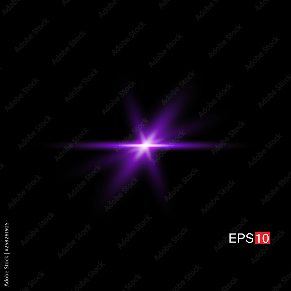Obraz premium isolated purple Rays with lens flare, Sun flare, flare on the black background. Transparent Vector Illustration