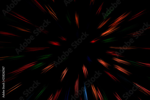 Bokeh multi colored lines on black background. abstraction. Speed light motion blur texture. Star particle or space traveling