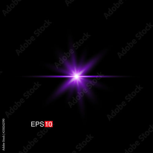 isolated purple Rays with lens flare, Sun flare, flare on the black background. Transparent Vector Illustration