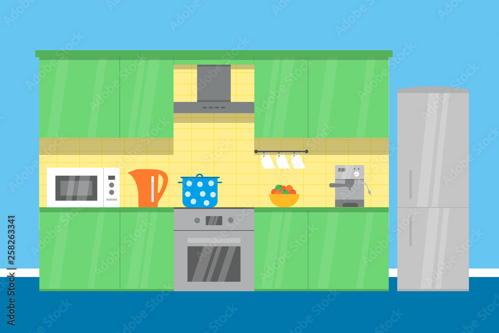 Cozy kitchen interion in flat style with espresso mashine, fridge, fruits, stove, microvave and pot. Cozy kitchen interion in flat style with espresso mashine, fridge, fruits, stove, microvave and pot.